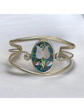 Vintage Abalone Inlay Tulip Cuff Bracelet Mexico Silver-Tone 1.25 Inches Wide